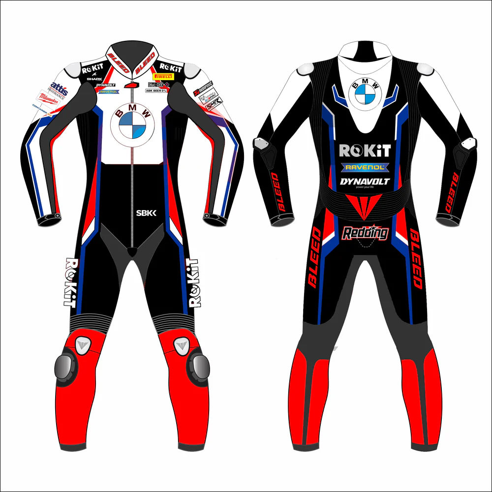 2023 Scott Redding WSBK leather racing suit front view white black red blue ROKiT BMW Motorrad graphics