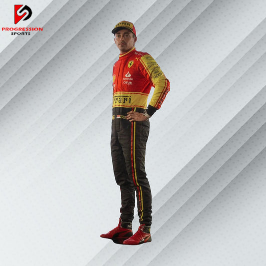 2023 Charles Leclerc Ferrari F1 Monza GP special edition race suit with red, white, and green accents and official sponsor logos

