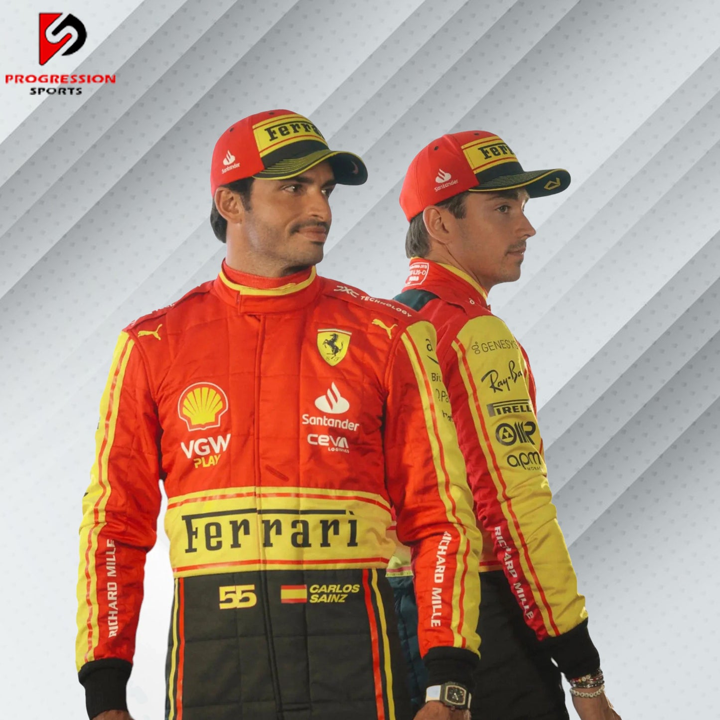 2023 Charles Leclerc Ferrari F1 Monza GP special edition race suit with red, white, and green accents and official sponsor logos

