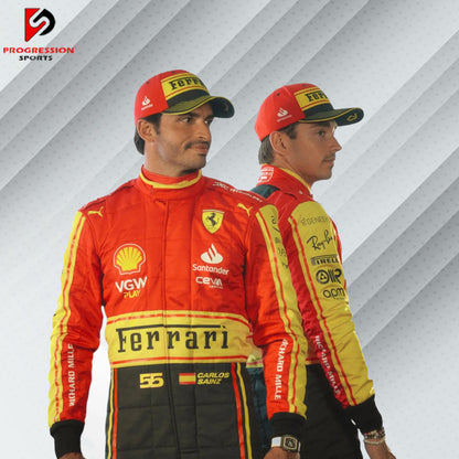 2023 Charles Leclerc Ferrari F1 Monza GP special edition race suit with red, white, and green accents and official sponsor logos

