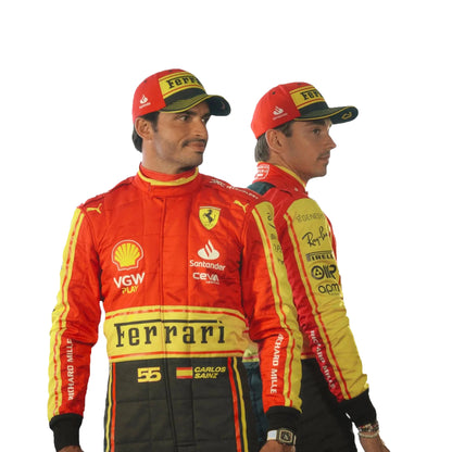 Two individuals wearing red and yellow Ferrari racing suits with various sponsor logos on a white background.