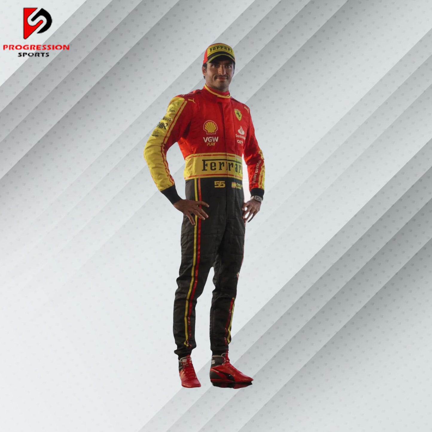 2023 Carlos Sainz Ferrari F1 Monza GP special edition race suit with red, white, and green accents and official sponsor logos