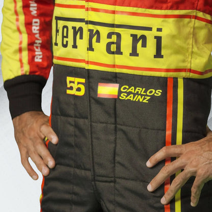2023 Carlos Sainz Ferrari F1 Monza GP special edition race suit with red, white, and green accents and official sponsor logos