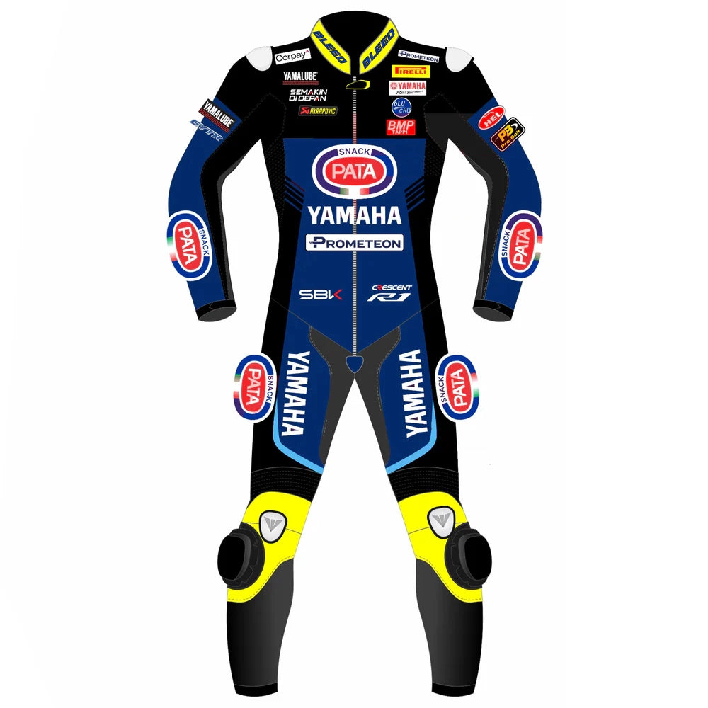2023 Toprak Razgatlioglu WSBK leather racing suit front view blue black yellow Pata Yamaha graphics