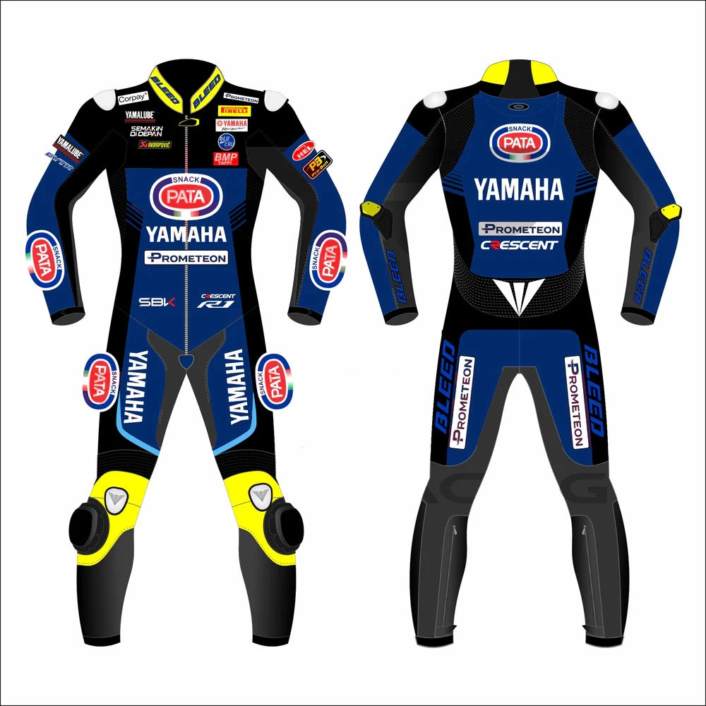 2023 Toprak Razgatlioglu WSBK leather racing suit front view blue black yellow Pata Yamaha graphics