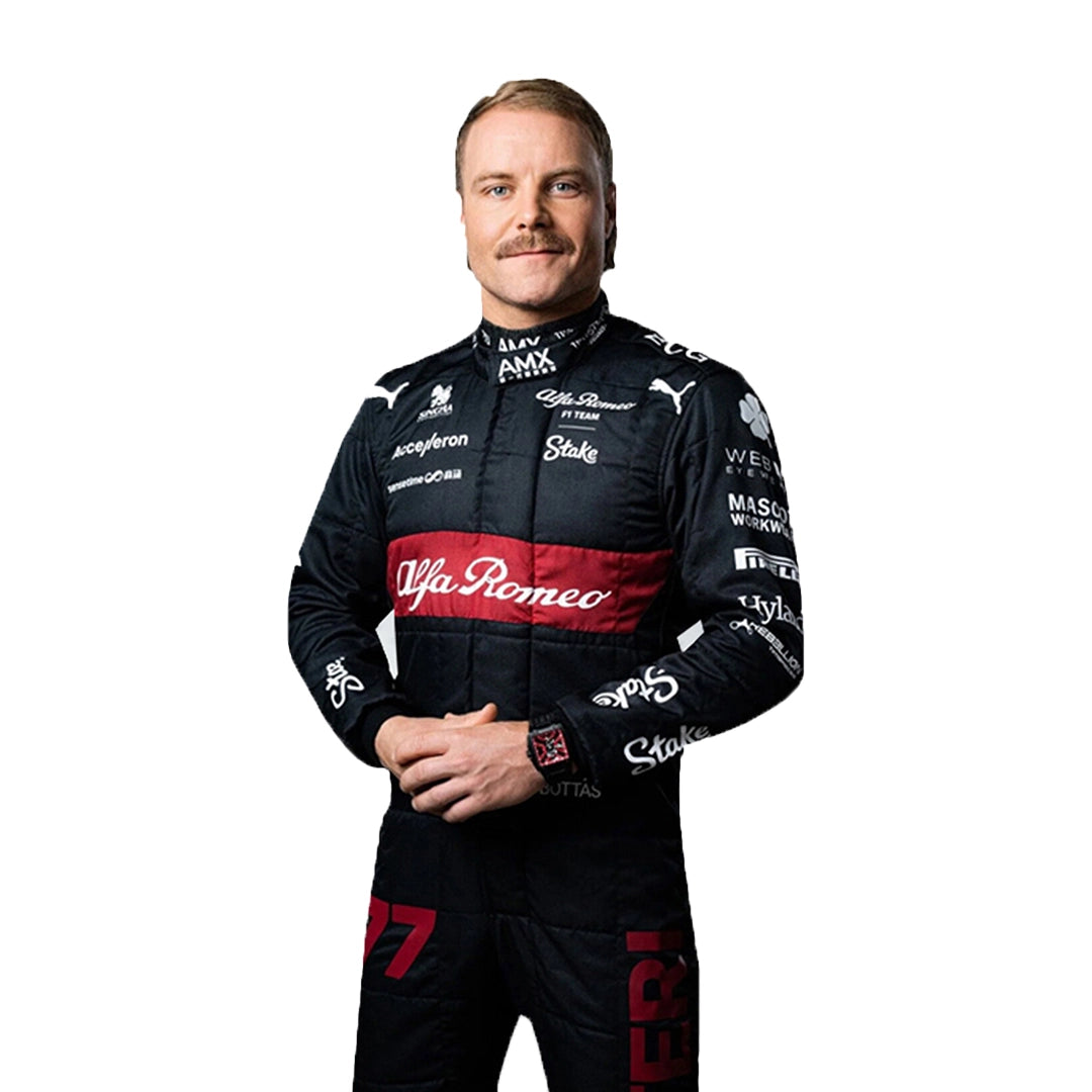 Person wearing a racing suit with various sponsor logos on a white background