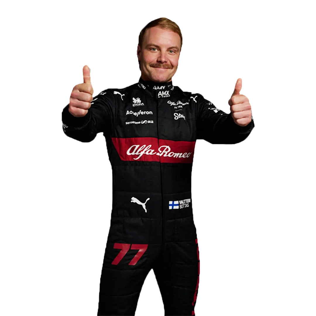 Person wearing an Alfa Romeo racing suit giving a thumbs-up gesture on a white background