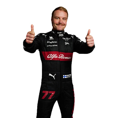 Person wearing an Alfa Romeo racing suit giving a thumbs-up gesture on a white background