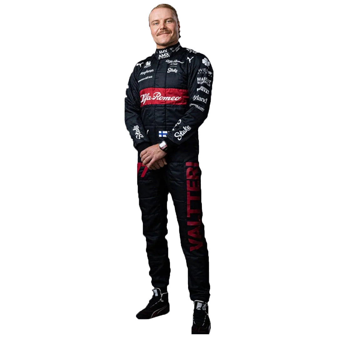 Person wearing a black racing suit with red and white branding on a white background
