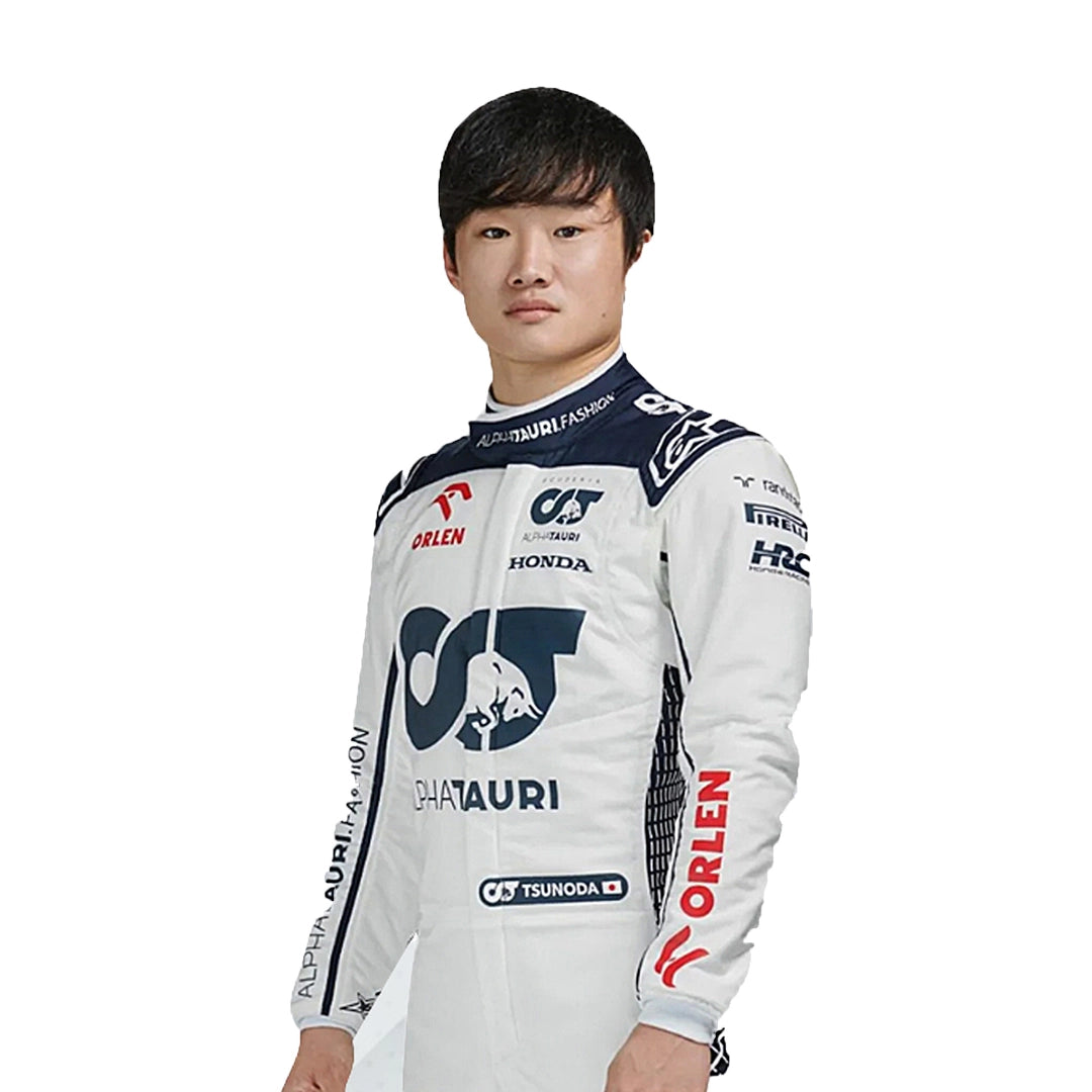 Person wearing a white racing suit with various sponsor logos on a white background