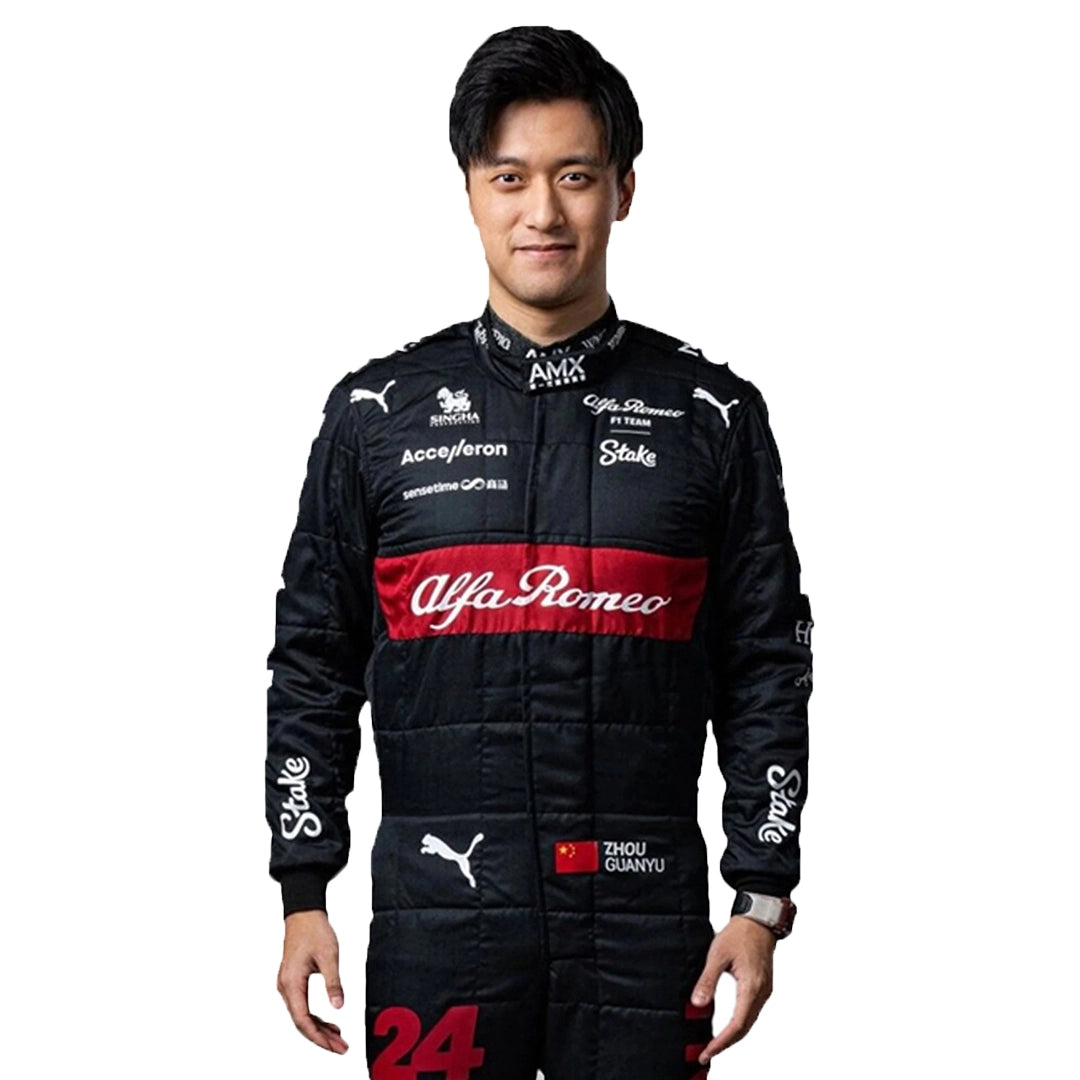 Person wearing a black racing suit with Alfa Romeo and other brand logos on a white background