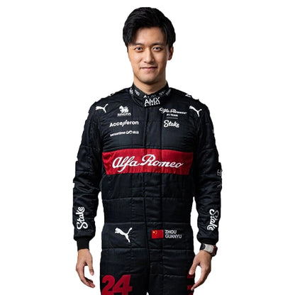 Person wearing a black racing suit with Alfa Romeo and other brand logos on a white background
