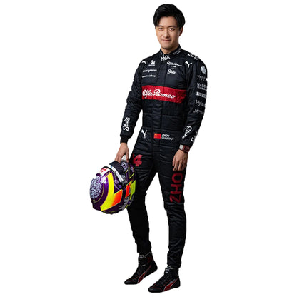 Person wearing a racing suit holding a helmet on a white background