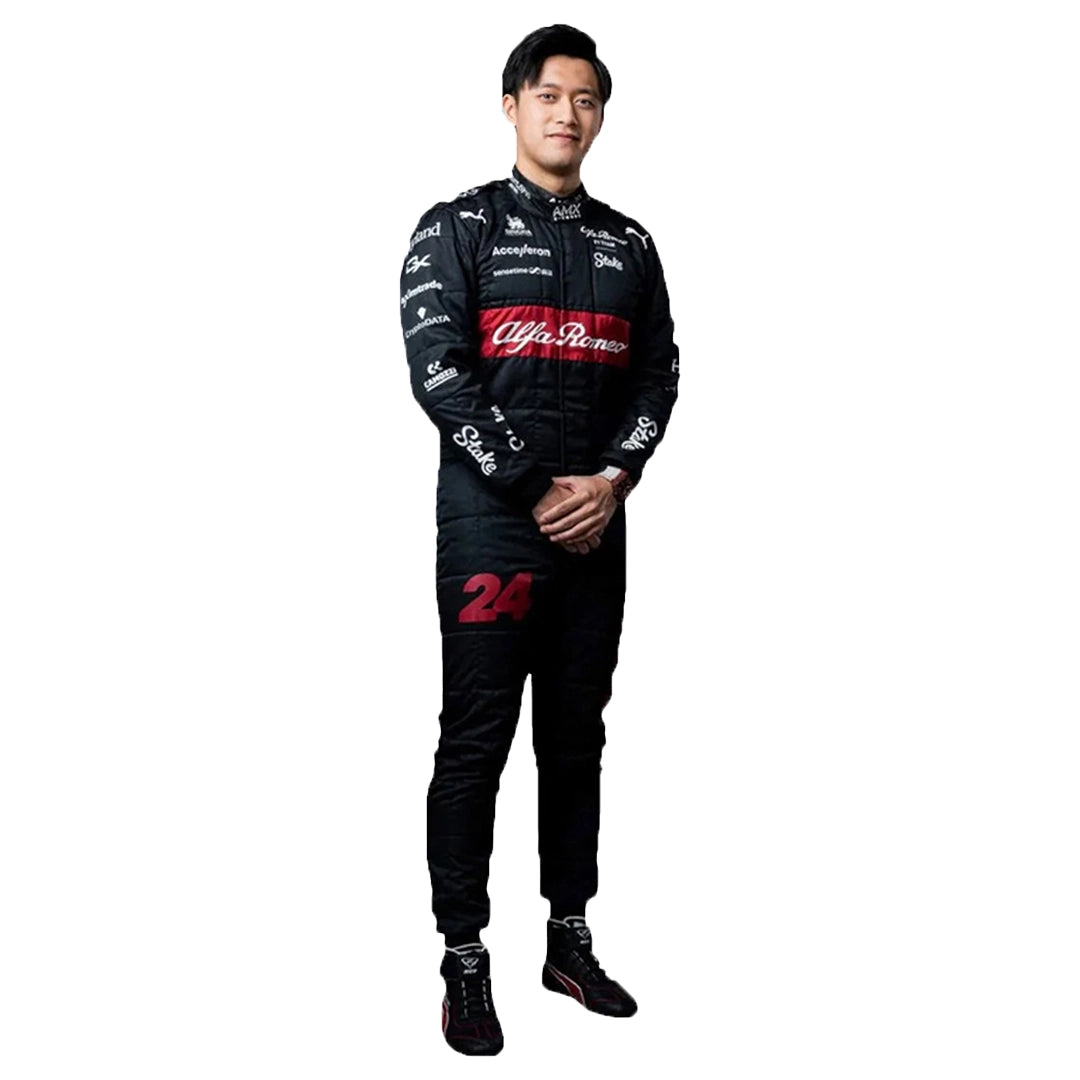 Person wearing a black racing suit with Alfa Romeo branding on a white background