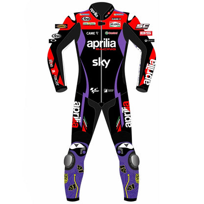 2024 Aleix Espargaro MotoGP leather racing suit front view black red purple Aprilia Racing graphics