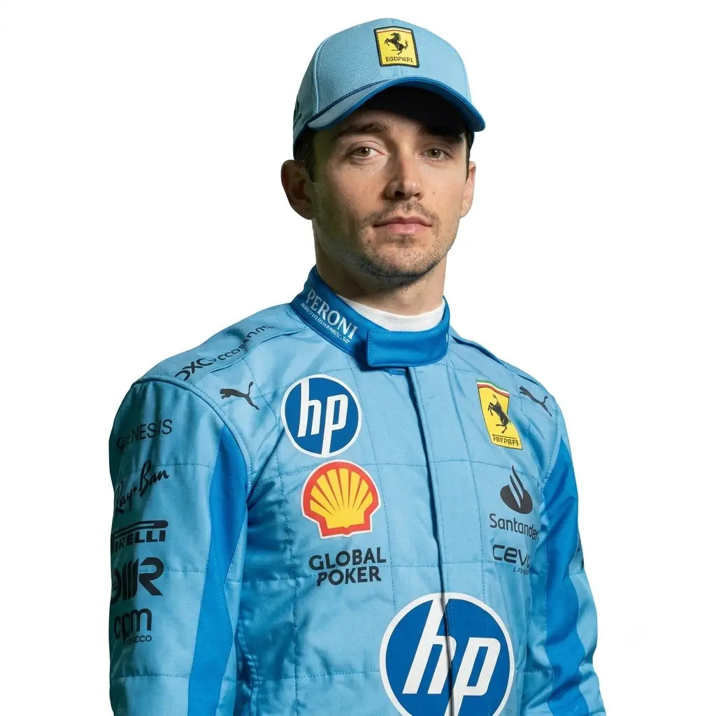 2024 Carlos Sainz HP Miami GP Ferrari F1 Race Suit in Azzurro Dino light blue featuring HP sponsor graphics, Spanish flag waist badge, and driver number 55