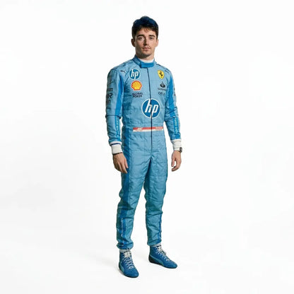 2024 Carlos Sainz HP Miami GP Ferrari F1 Race Suit in Azzurro Dino light blue featuring HP sponsor graphics, Spanish flag waist badge, and driver number 55