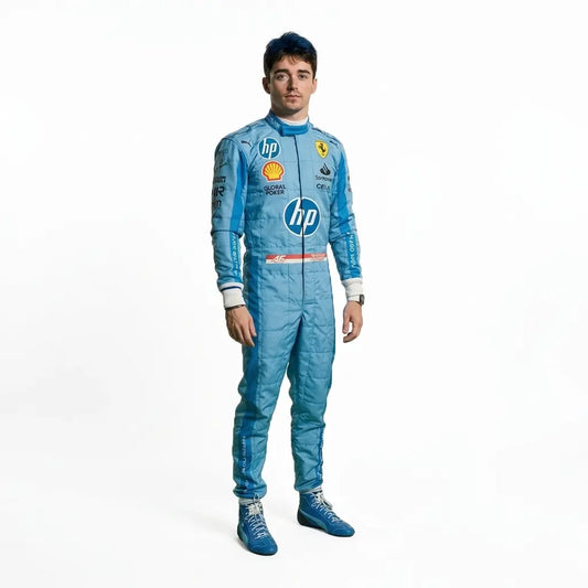 2024 Carlos Sainz HP Miami GP Ferrari F1 Race Suit in Azzurro Dino light blue featuring HP sponsor graphics, Spanish flag waist badge, and driver number 55