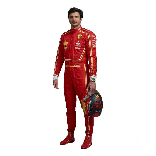 2024 Carlos Sainz Red F1 Race Suit full view featuring yellow chest piping, Spanish flag waist badge, and driver number 55