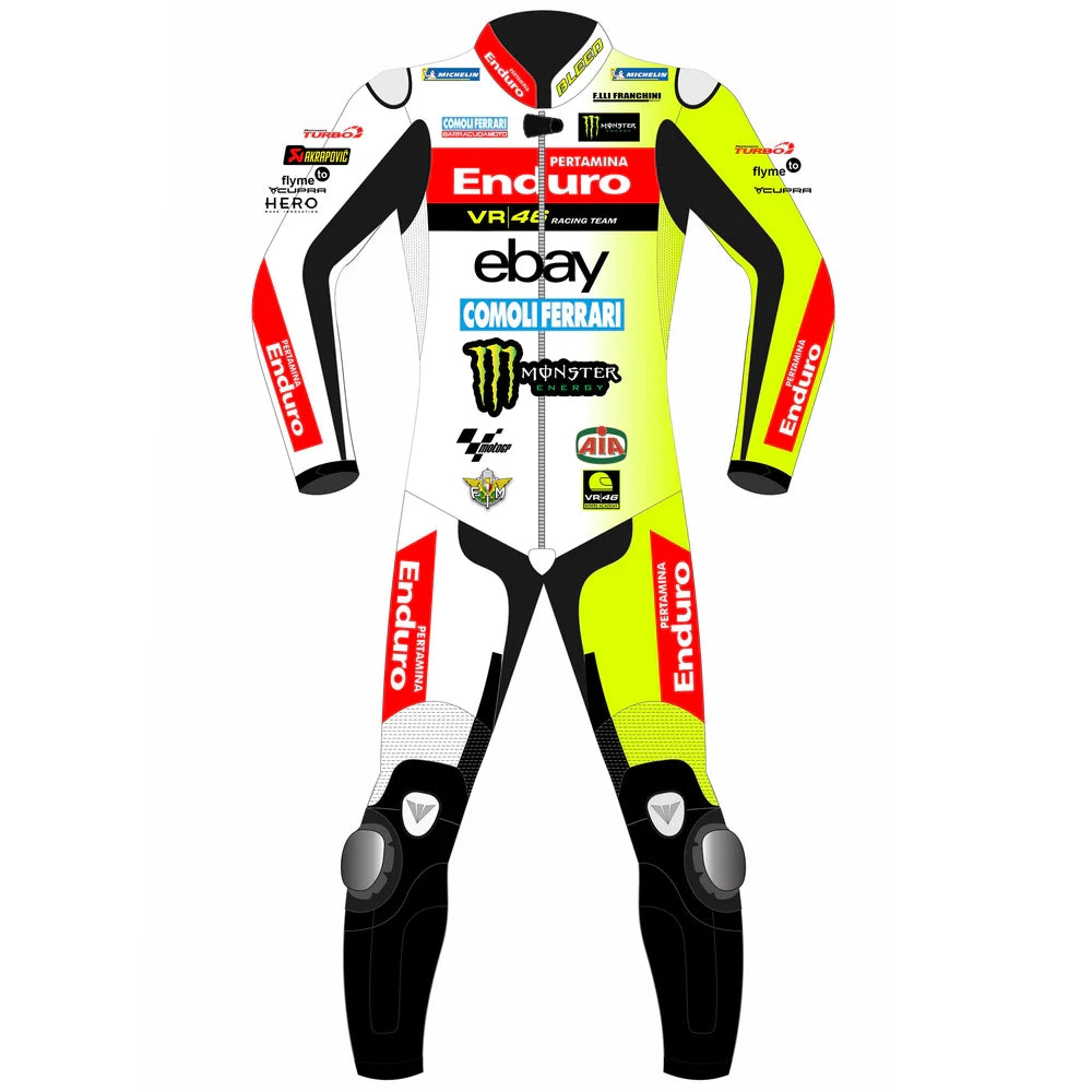 2024 Fabio Di Giannantonio VR46 Pertamina Enduro MotoGP leather race suit in white and fluo yellow with CE Level 2 armor, front view