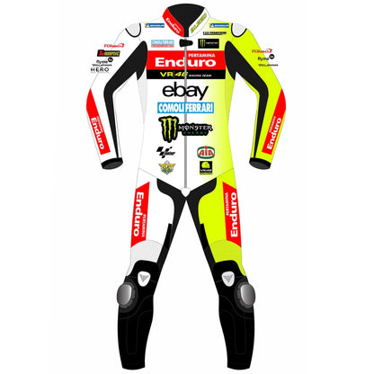 2024 Fabio Di Giannantonio VR46 Pertamina Enduro MotoGP leather race suit in white and fluo yellow with CE Level 2 armor, front view