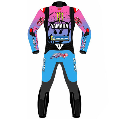 2024 Fabio Quartararo Yamaha French GP special edition leather race suit in pink, blue, and black with CE Level 2 armor, front view