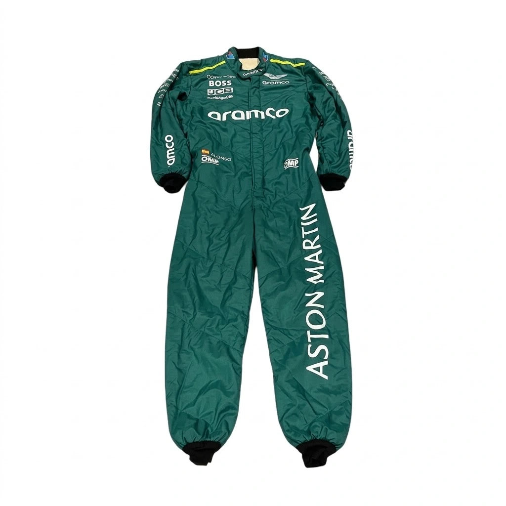 2024 Fernando Alonso Aston Martin F1 race suit back view in British racing green featuring BOSS and Aramco branding on Cordura fabric