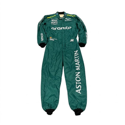 2024 Fernando Alonso Aston Martin F1 race suit back view in British racing green featuring BOSS and Aramco branding on Cordura fabric