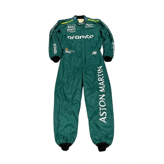 2024 Fernando Alonso Aston Martin F1 race suit back view in British racing green featuring BOSS and Aramco branding on Cordura fabric