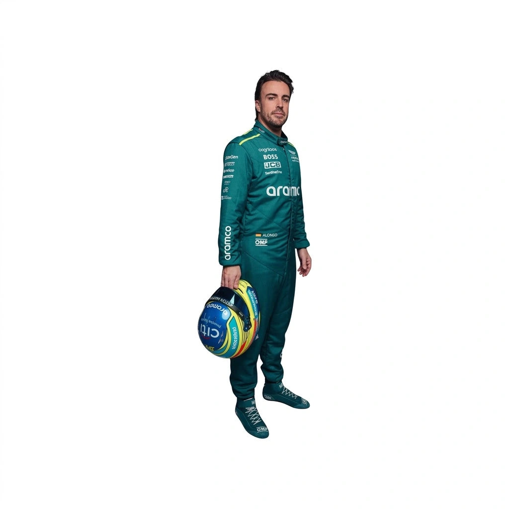 2024 Fernando Alonso Aston Martin F1 race suit back view in British racing green featuring BOSS and Aramco branding on Cordura fabric