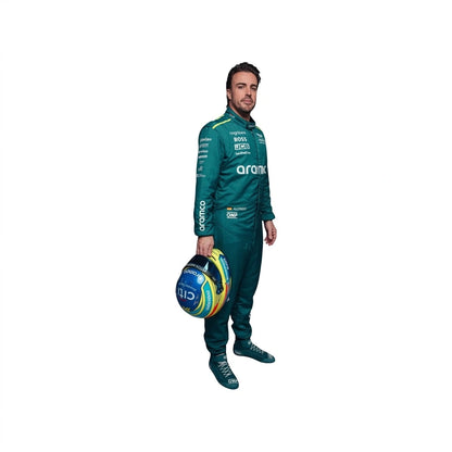 2024 Fernando Alonso Aston Martin F1 race suit back view in British racing green featuring BOSS and Aramco branding on Cordura fabric