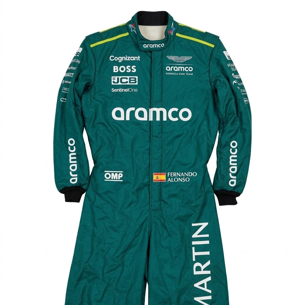 2024 Fernando Alonso Aston Martin F1 race suit back view in British racing green featuring BOSS and Aramco branding on Cordura fabric