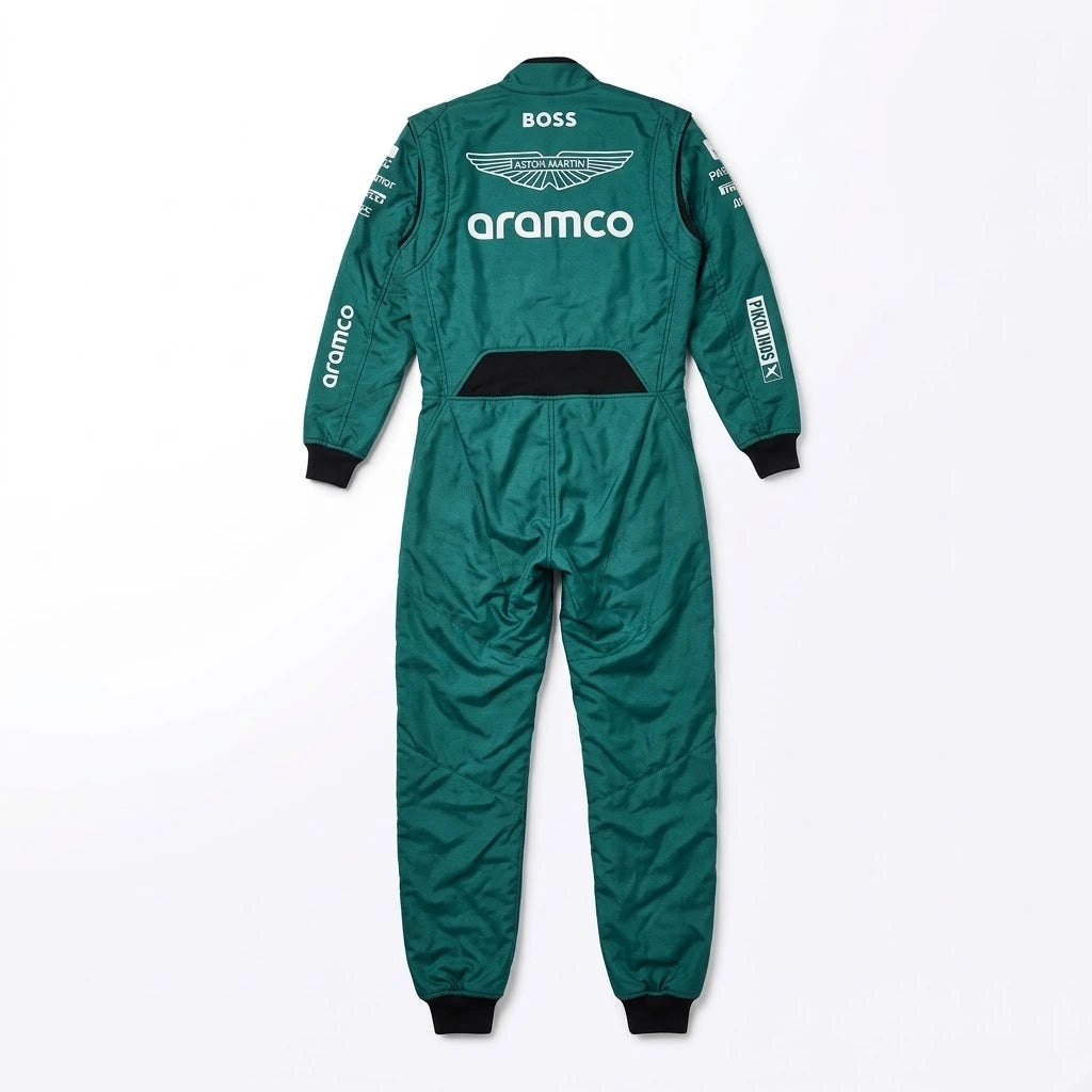 2024 Fernando Alonso Aston Martin F1 race suit back view in British racing green featuring BOSS and Aramco branding on Cordura fabric