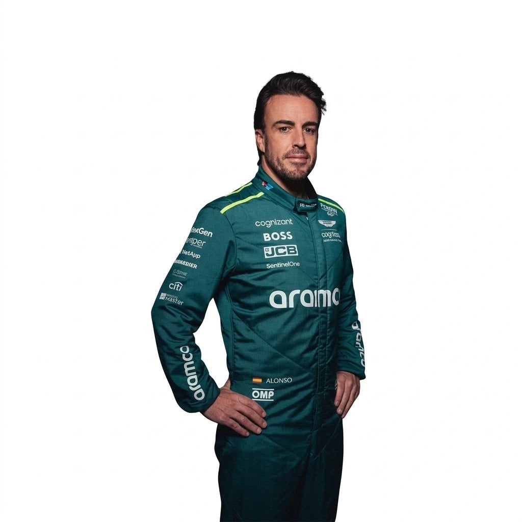 2024 Fernando Alonso Aston Martin F1 race suit back view in British racing green featuring BOSS and Aramco branding on Cordura fabric