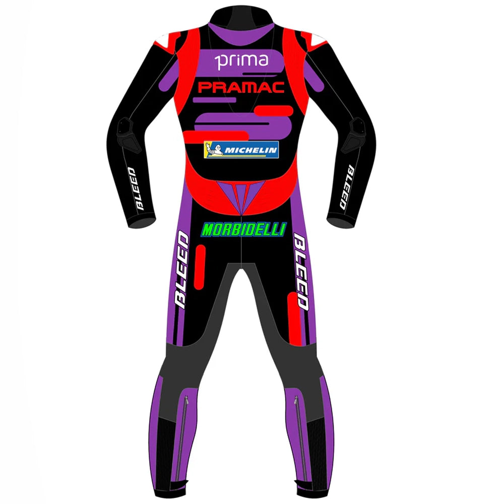 2024 Franco Morbidelli Ducati Pramac MotoGP leather race suit in purple, red, and black with CE Level 2 armor, front view