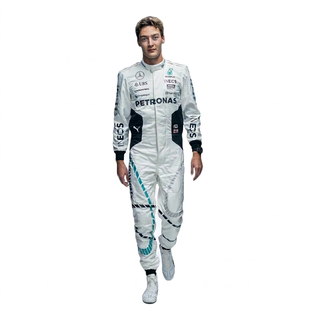 2024 George Russell Qatar GP F1 Racing Suit in white and teal featuring #63 driver details front view
