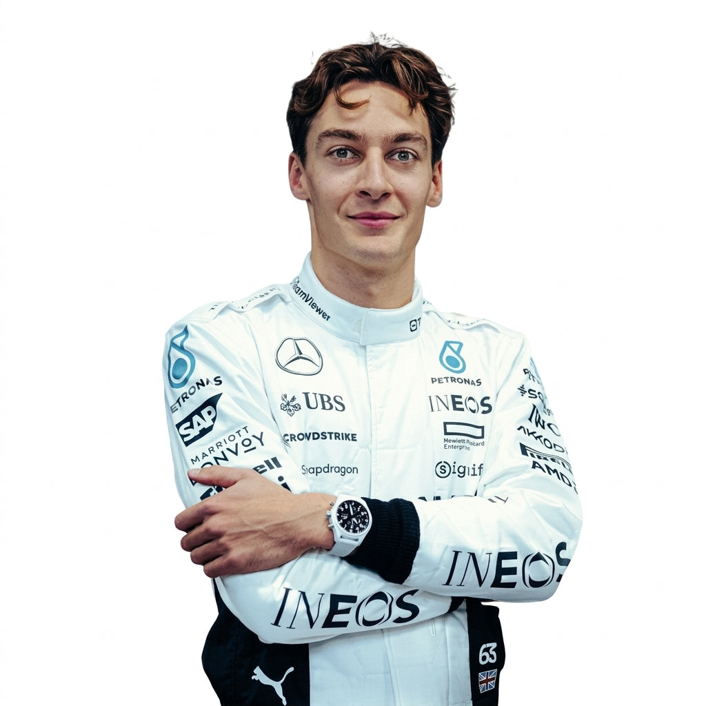 2024 George Russell Qatar GP F1 Racing Suit in white and teal featuring #63 driver details front view