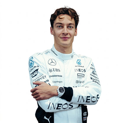 2024 George Russell Qatar GP F1 Racing Suit in white and teal featuring #63 driver details front view