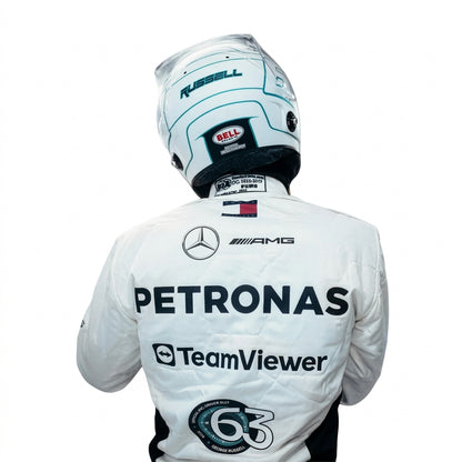 2024 George Russell Qatar GP F1 Racing Suit in white and teal featuring #63 driver details front view