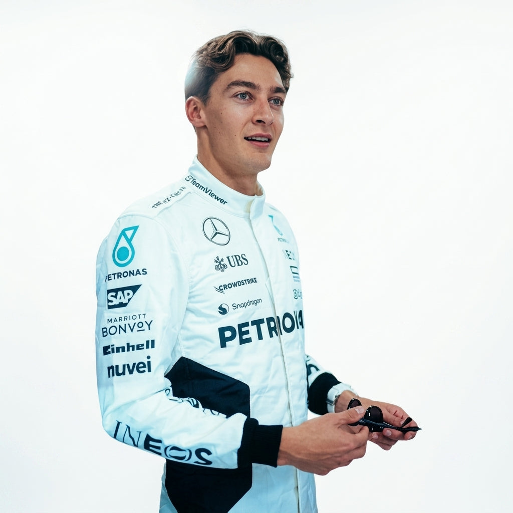 2024 George Russell Qatar GP F1 Racing Suit in white and teal featuring #63 driver details front view