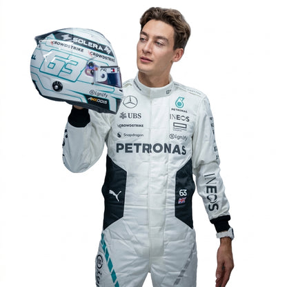 2024 George Russell Qatar GP F1 Racing Suit in white and teal featuring #63 driver details front view