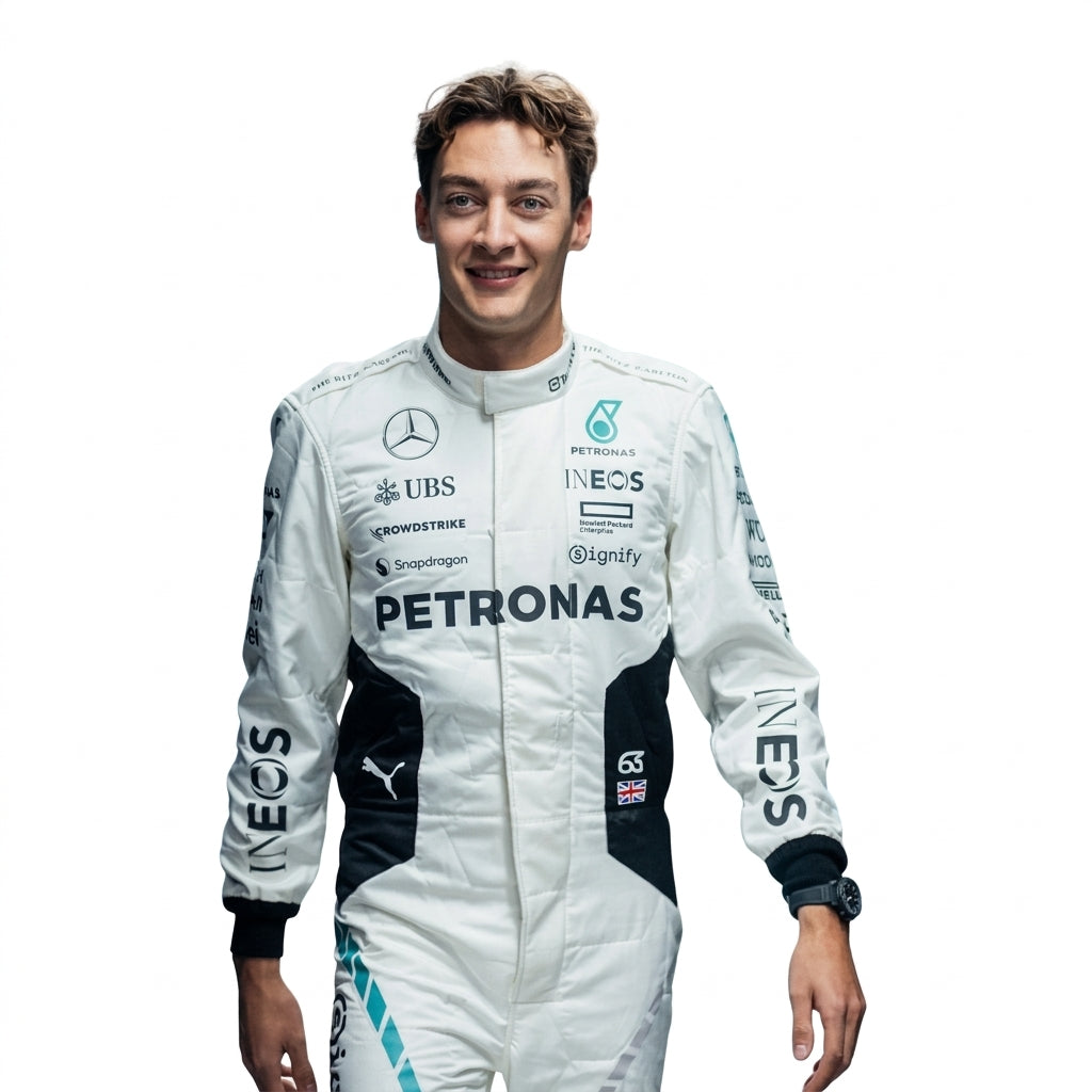 2024 George Russell Qatar GP F1 Racing Suit in white and teal featuring #63 driver details front view