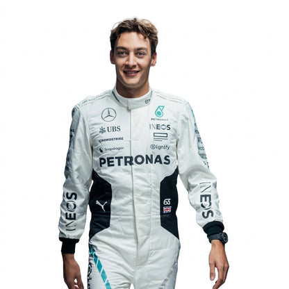 2024 George Russell Qatar GP F1 Racing Suit in white and teal featuring #63 driver details front view