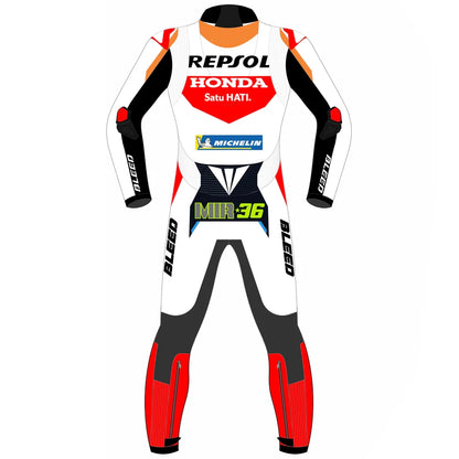 2024 Joan Mir Honda Repsol MotoGP leather race suit in white, orange, and red with CE Level 2 armor, front view