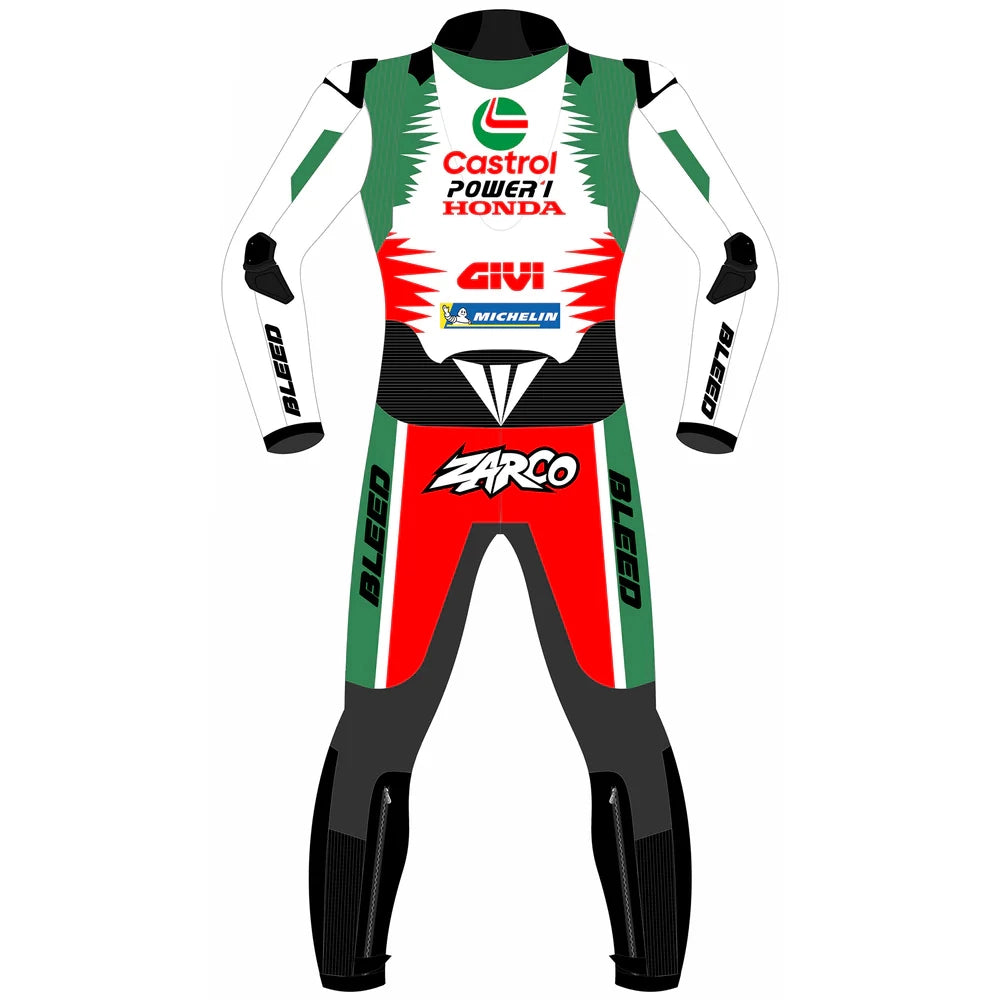 2024 Johann Zarco Honda Castrol LCR MotoGP leather race suit in green, white, and red with CE Level 2 armor, front view