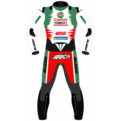 2024 Johann Zarco Honda Castrol LCR MotoGP leather race suit in green, white, and red with CE Level 2 armor, front view
