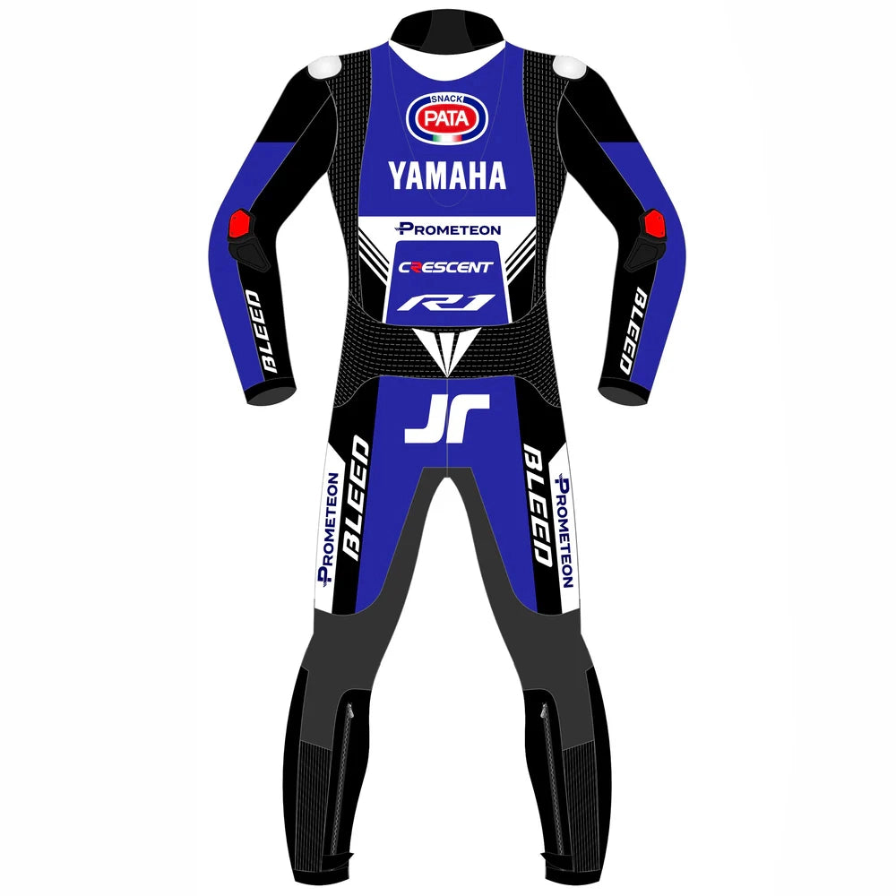 2024 Jonathan Rea Pata Yamaha WSBK leather race suit in blue, black, and red with CE Level 2 armor, front view