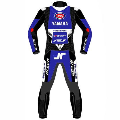 2024 Jonathan Rea Pata Yamaha WSBK leather race suit in blue, black, and red with CE Level 2 armor, front view