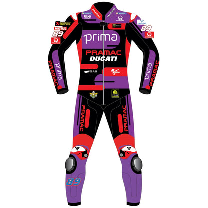 2024 Jorge Martin Ducati Pramac MotoGP World Champion leather race suit in purple, red, and black with CE Level 2 armor, front view