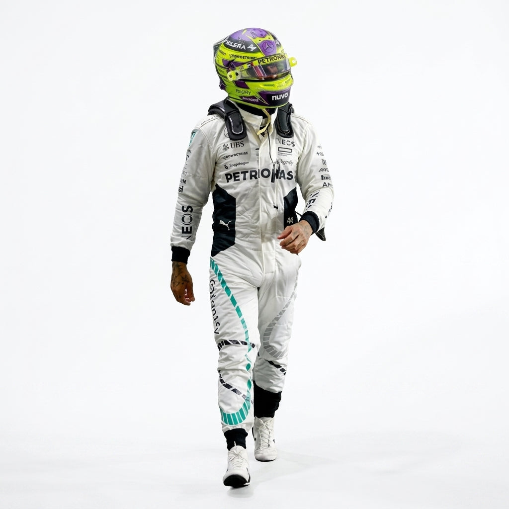 2024 Lewis Hamilton Qatar GP F1 Racing Suit in white and teal front view